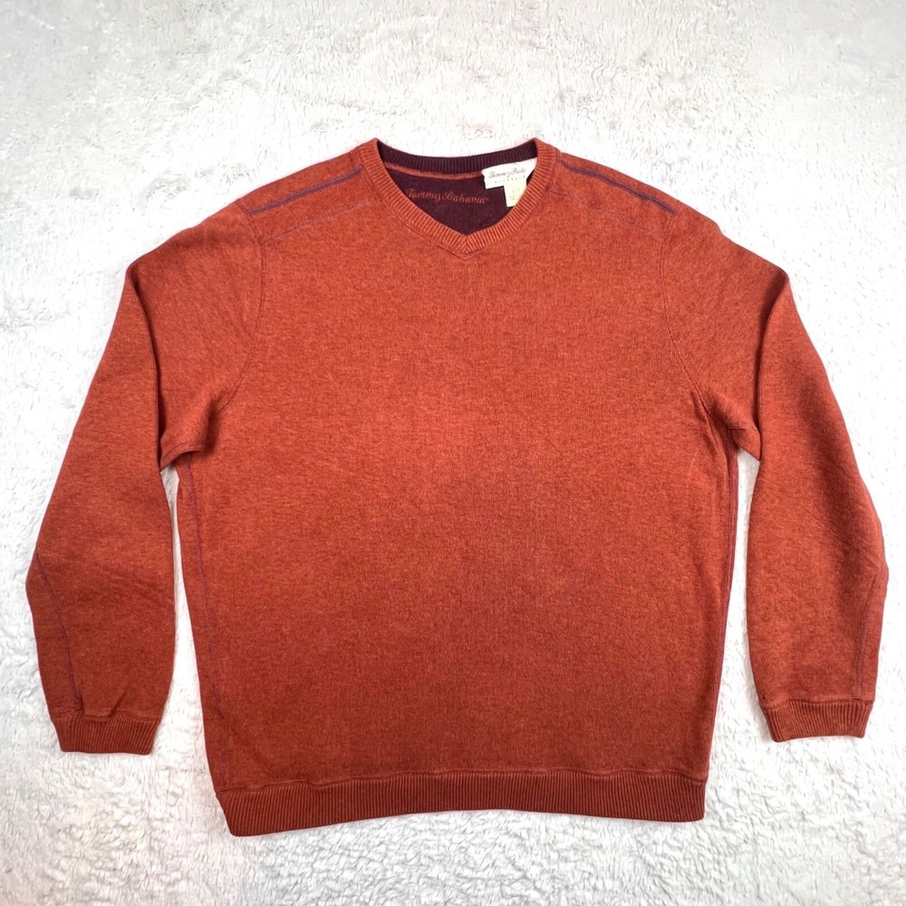 Tommy Bahama Reversible Sweater Pullover Men's LARGE Burnt Orange V-Neck Cotton